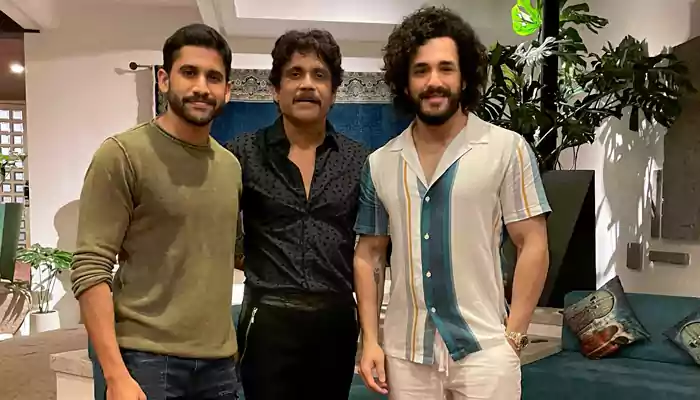 Akhil Akkineni with his brother and his father